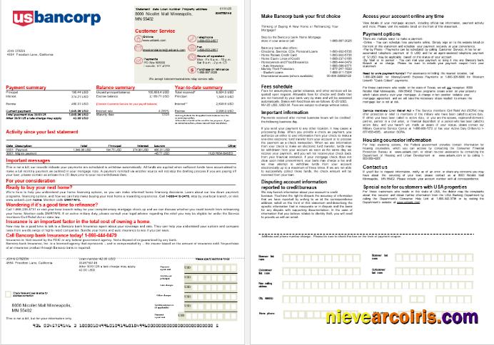 USA Bancorp bank mortgage statement, 2 pages